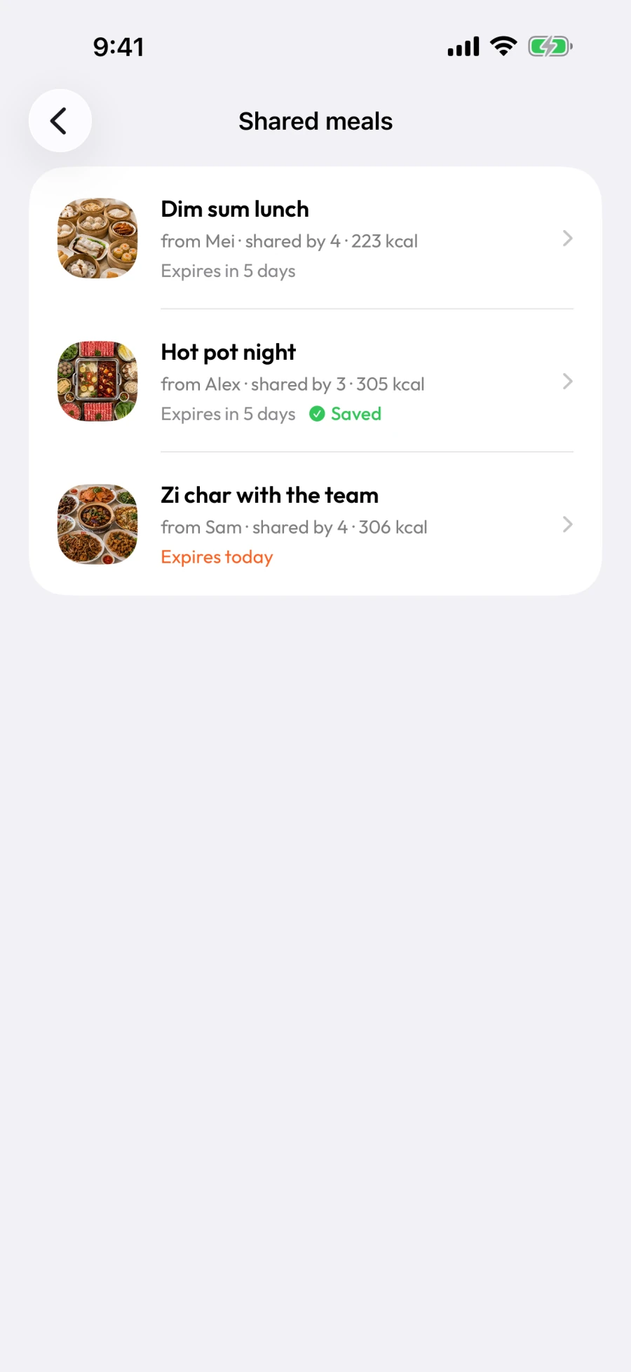 Shared meals inbox showing received meals, saved status, and link expiry