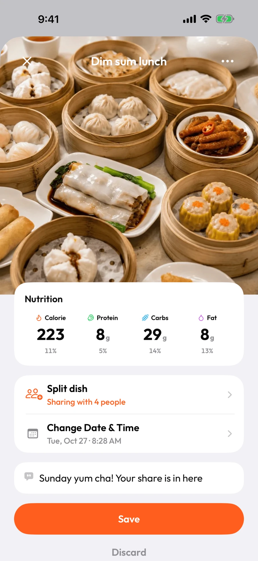 Received dim sum meal with nutrition, split controls, date and time, and Save