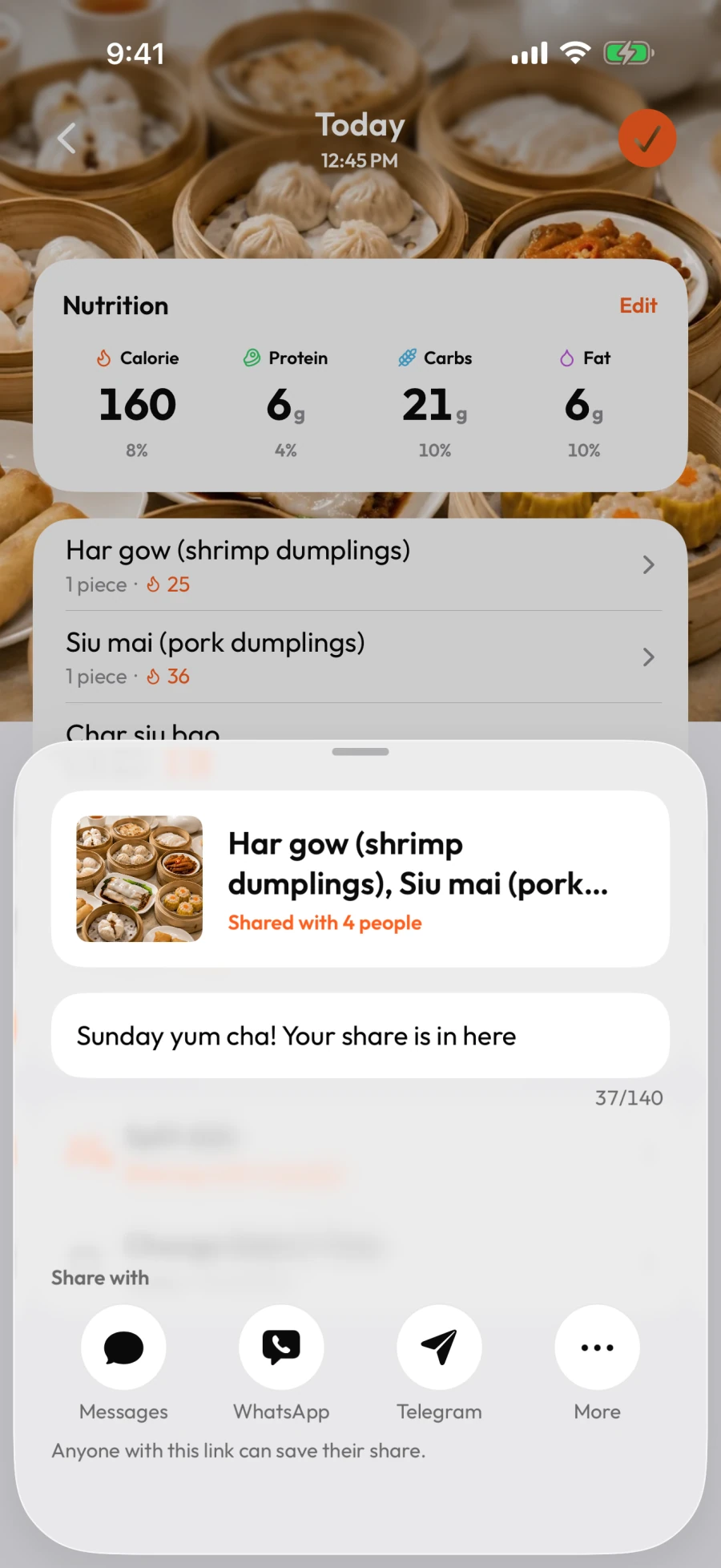 Meal share preview with a note and Messages, WhatsApp, Telegram, and More options
