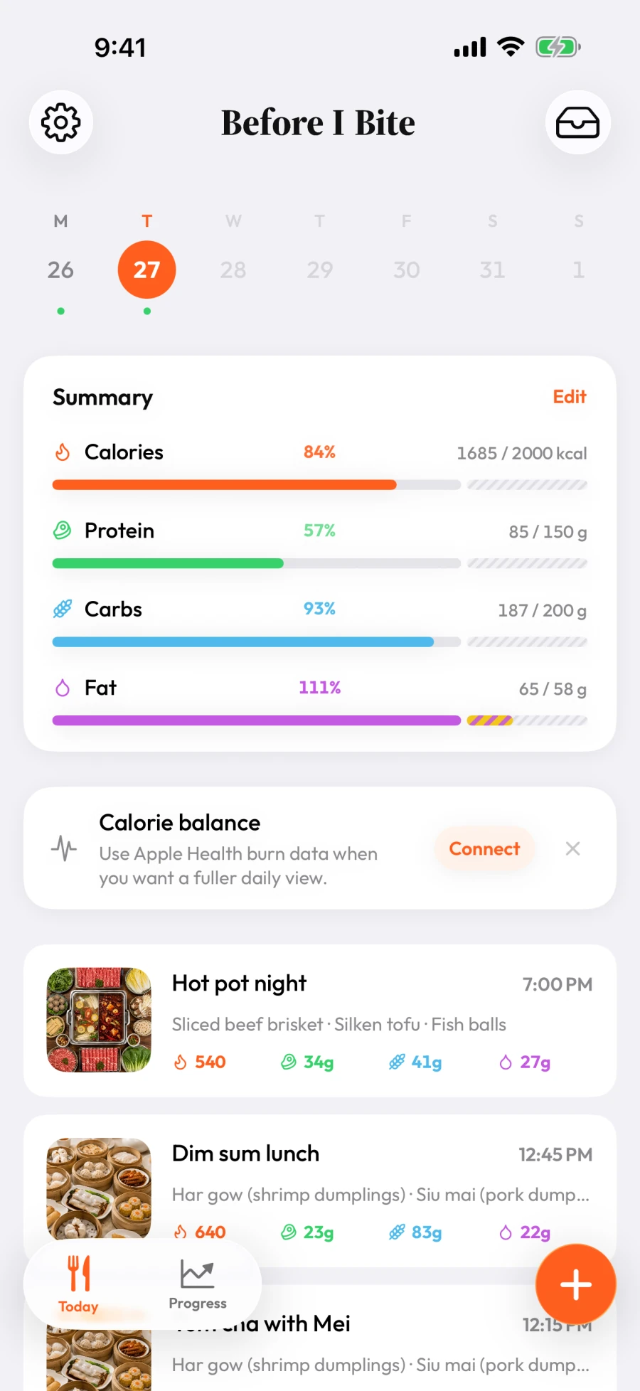 The Today tab: a weekly day picker, the day's calorie and macro progress, and the logged meals — Hot pot night, Dim sum lunch, Yum cha with Mei