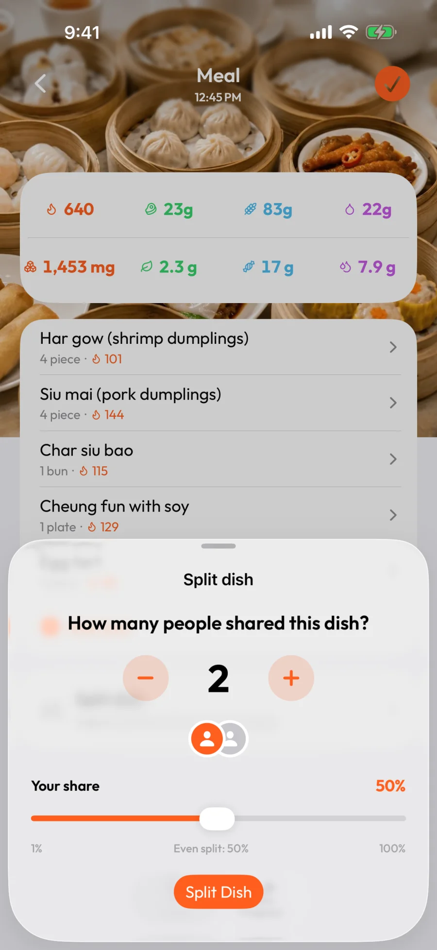Before I Bite split dish screen showing shared meal portion controls